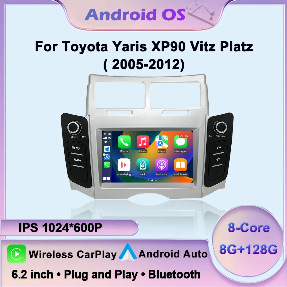 Android 16 Auto For Toyota Yaris XP90 Vitz Platz 2005-2012 Car Radio Navigation Multimedia Video Player Stereo Carplay