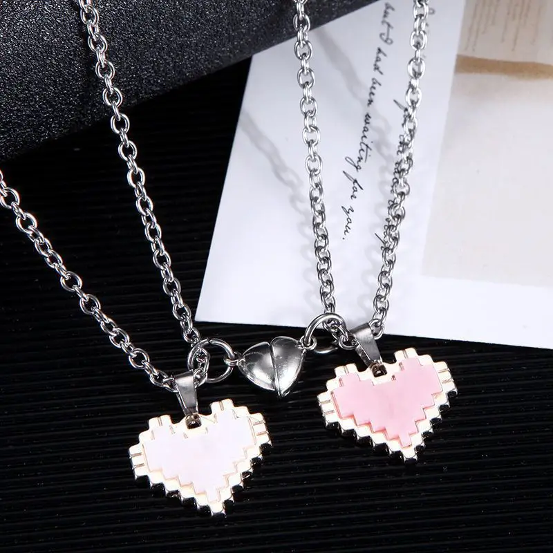 Alloy Couple Cute Necklace Mosaic Magnetic Valentine\'s Day Love Heart Shaped Alloy Pendant Couple Necklace For Men And Women