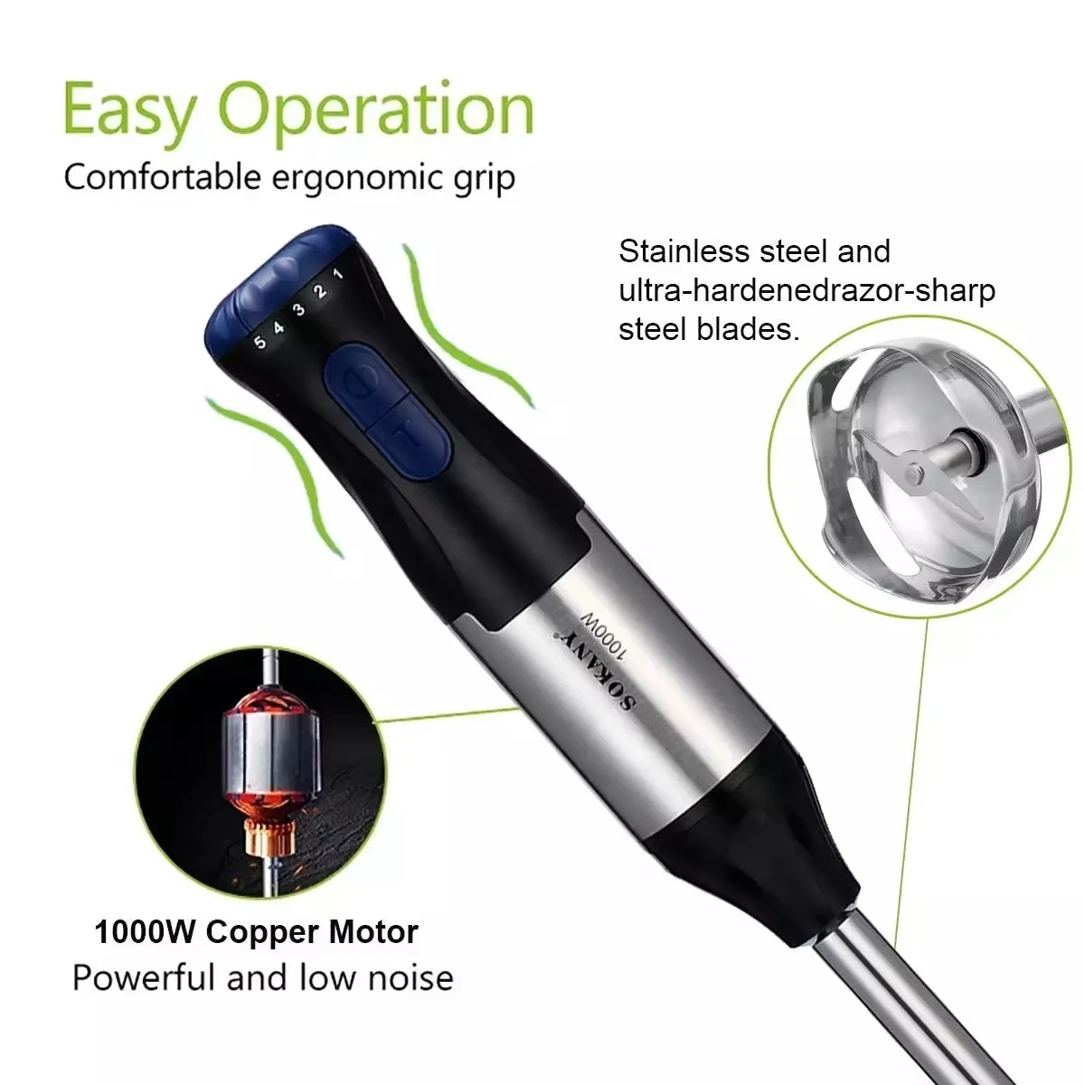 Sokany-Juego de batidora de mano potente 4 en 1, picadora de inmersión de acero inoxidable, batidor eléctrico para cocina, comida para bebés