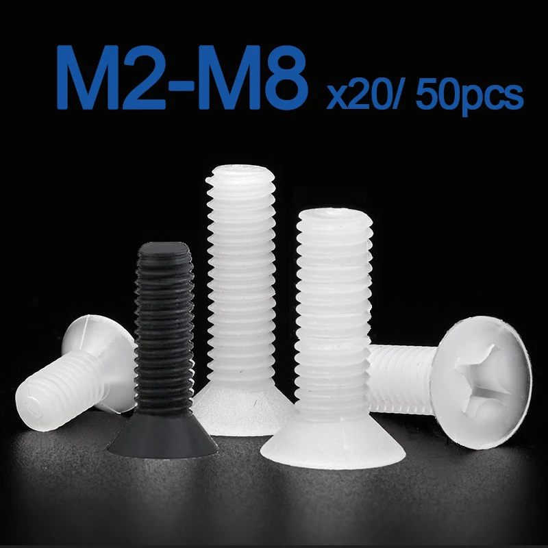 20/ 50 Stück M2 M2,5 M3 M4 M5 M6 M8 weiße Kunststoff-Nylon-Senkkopfschrauben Kreuzschlitz-Flachkopfschrauben