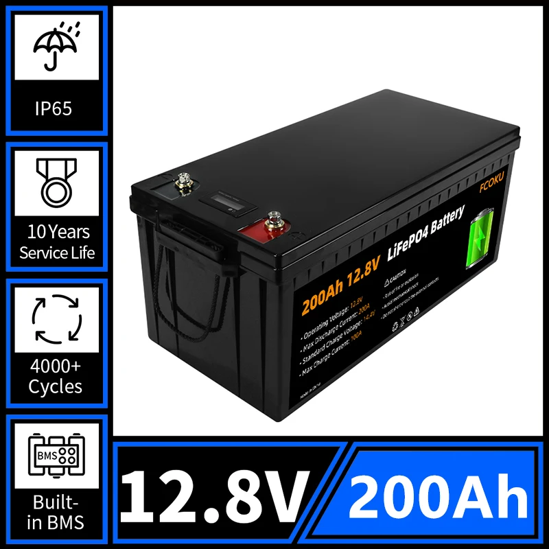 

New 12V 200Ah Lithium Iron Phosphate Battery,for RV Golf Cart Boat Motor Solar System Rechargeable LiFePo4 Battery Built-in BMS