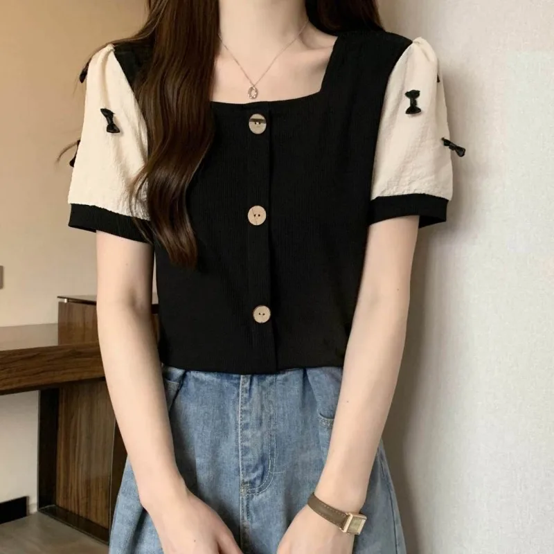 

Nice Women Clothes Summer Korean Fashion Button Printing Color Blocking Square Collar Large Size Appear Thin Short Sleeve Slim T