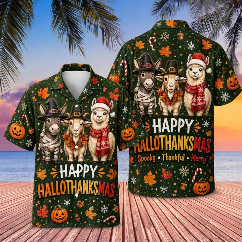 HalloThanksMas Santa Skeleton Turkey Graphic Hawaiian Shirt Men Christmas Thanksgiving Halloween Party Short Sleeve Button Shirt