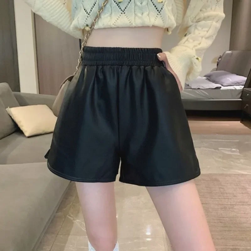 Shorts Women PU Leather High Waist Elastic Autumn Simple Trendy Loose Solid Leisure Female All-match Chic Pantalones Cortos 3XL