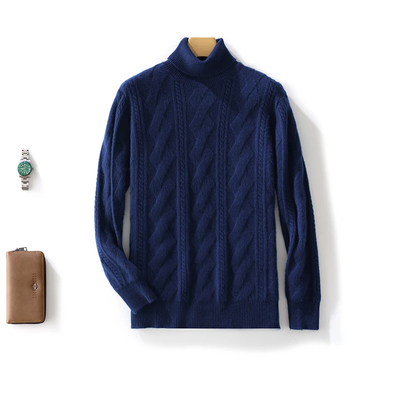 100% Merino Wool Solid Color Turtleneck Cable-Knit Sweater Long Sleeves Pullover Cashmere Men Soft Comfortable Warm Clothing Top