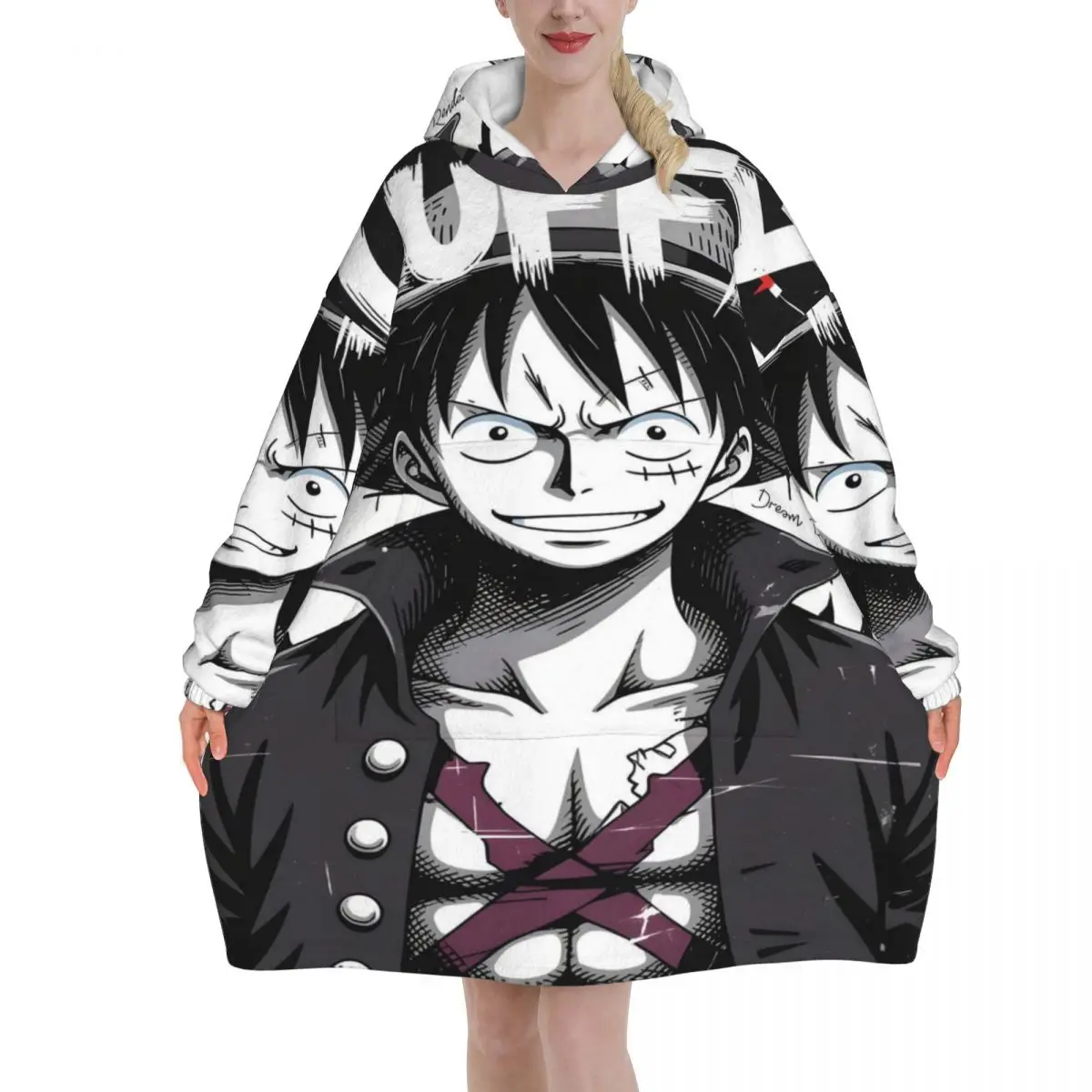 

Luffy Zoro Tony Chopper Anime Oversized Blanket Hoodie Sweatshirt Long Fleece Hooded Wearable Blanket with Large Pocket