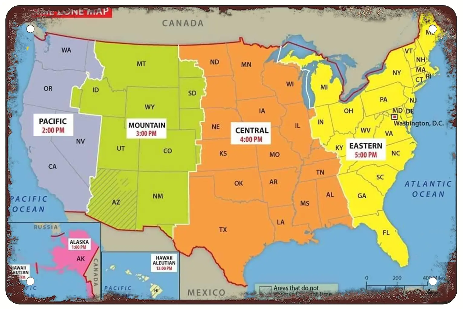 USA Time Zone Map, Retro Metal Sheet Signs, Wall Decoration, 8 x 12 Inches. sign