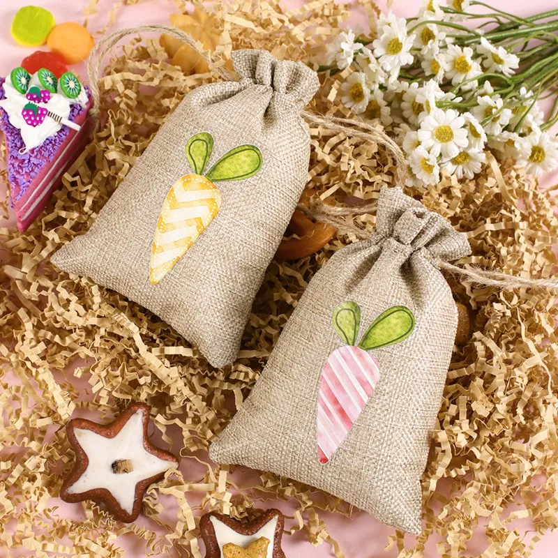 6pcs Easter Burlap Candy Bags Bunny Carrot Egg Pattern Jute Linen Treat Gift Bags for Easter Party Kids Cookies Snack Pack Bags
