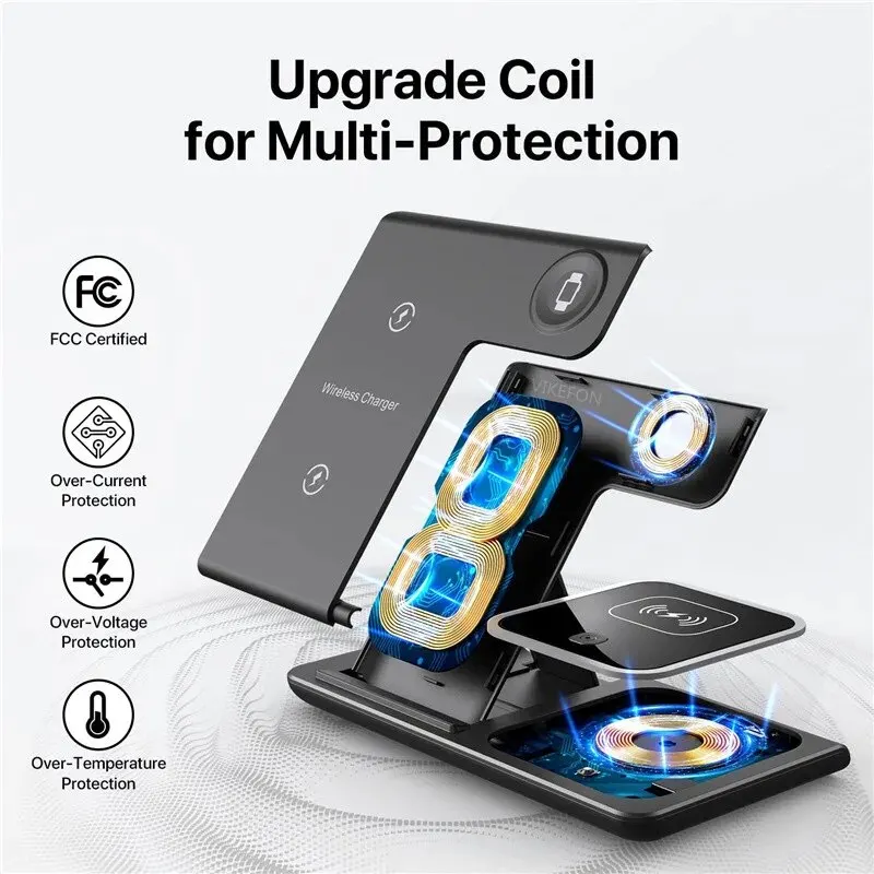 3 In 1 Wireless Charger Stand Foldable Fast Charging Station Dock Mobile Phone Holder for iPhone 15 14 13 12 Apple Watch Airpods