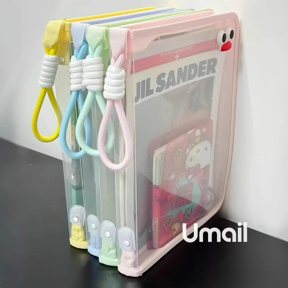 Macaron Transparent A4 File Bag Large Capacity Textbook Zipper Student Portable Thickened Waterproof Storage Bag