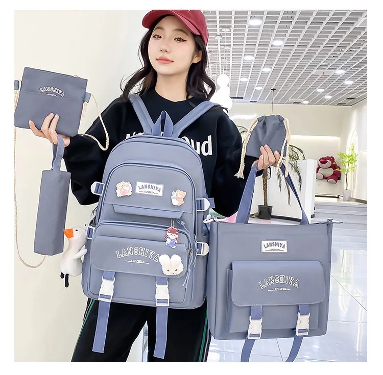 5-teiliges Set mit kostenlosen Anhängern im Waldstil, koreanische Version, lässiger Harajuku-Studentenrucksack für Mädchen mit großer Kapazität – Detail 9