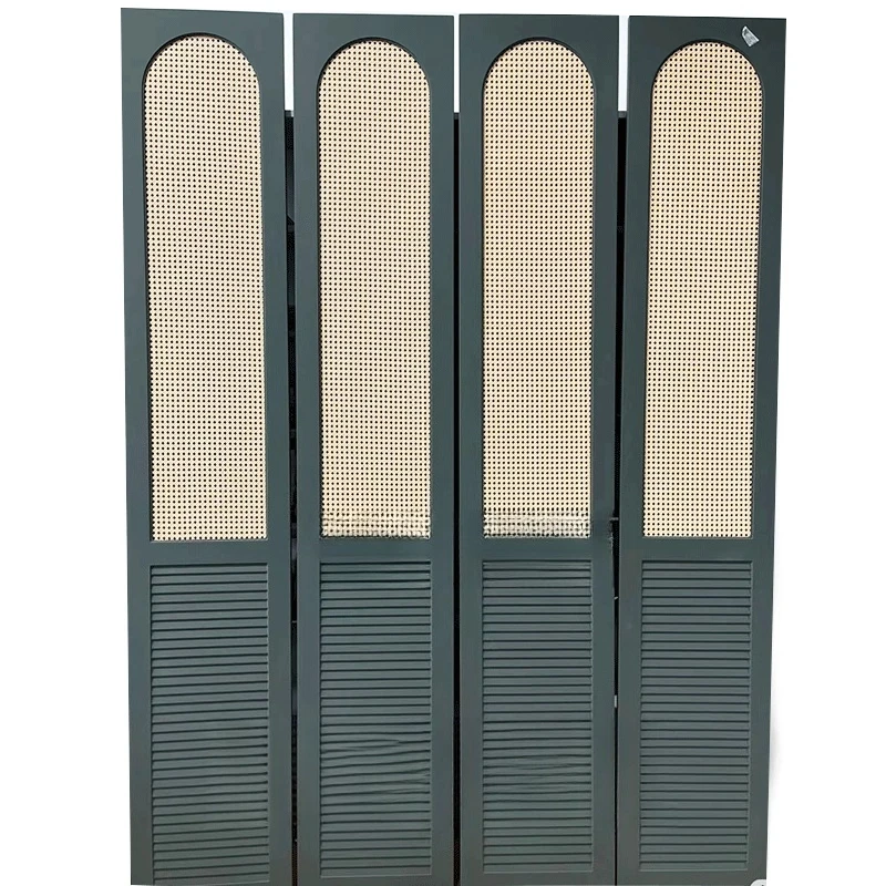 Solid wood folding door Antique rattan Japanese sliding door Bedroom partition rattan cabinet Chinese partition