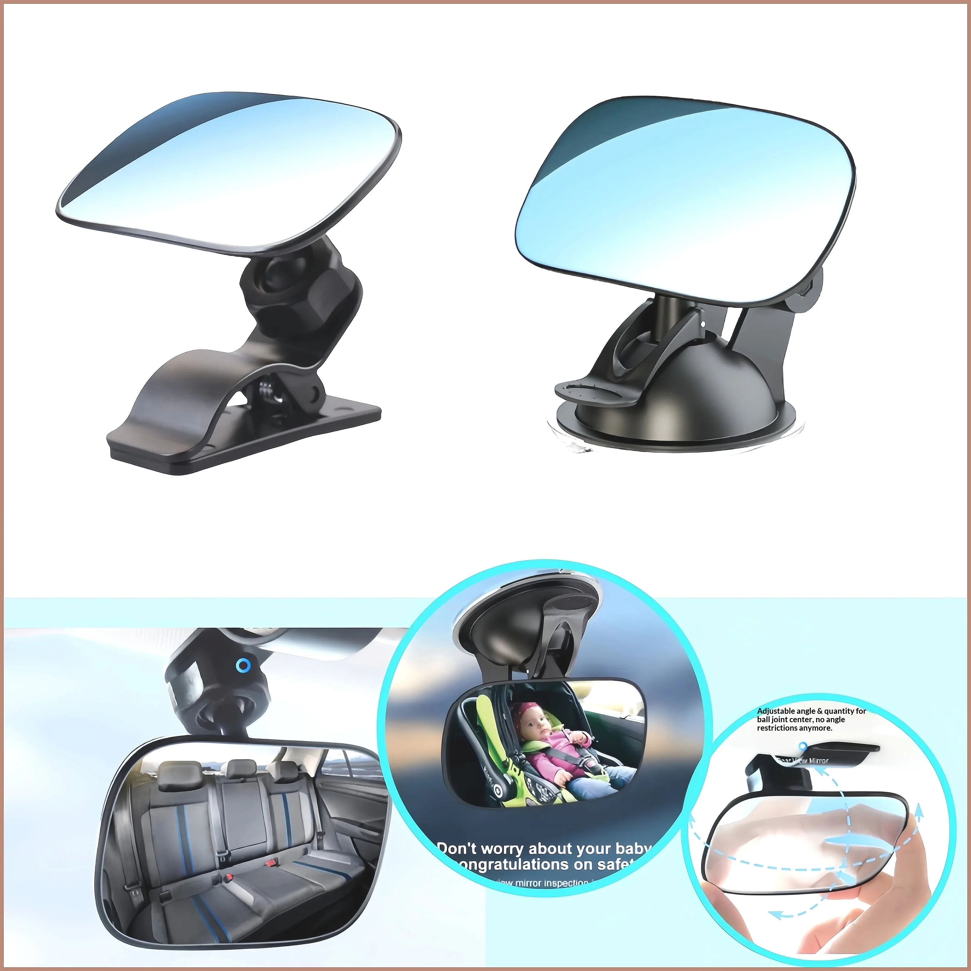 Universal 360° Adjustable Car Baby Safety Mirror for Rear Facing Seat, Wide Angle Anti Glare Kids Child Monitor