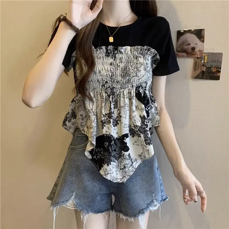 Fashion Printed Folds Irregular Fake Two Pieces T-Shirt Female Clothing 2024 Summer New Loose Sweet Tops Asymmetrical Tee Shirt