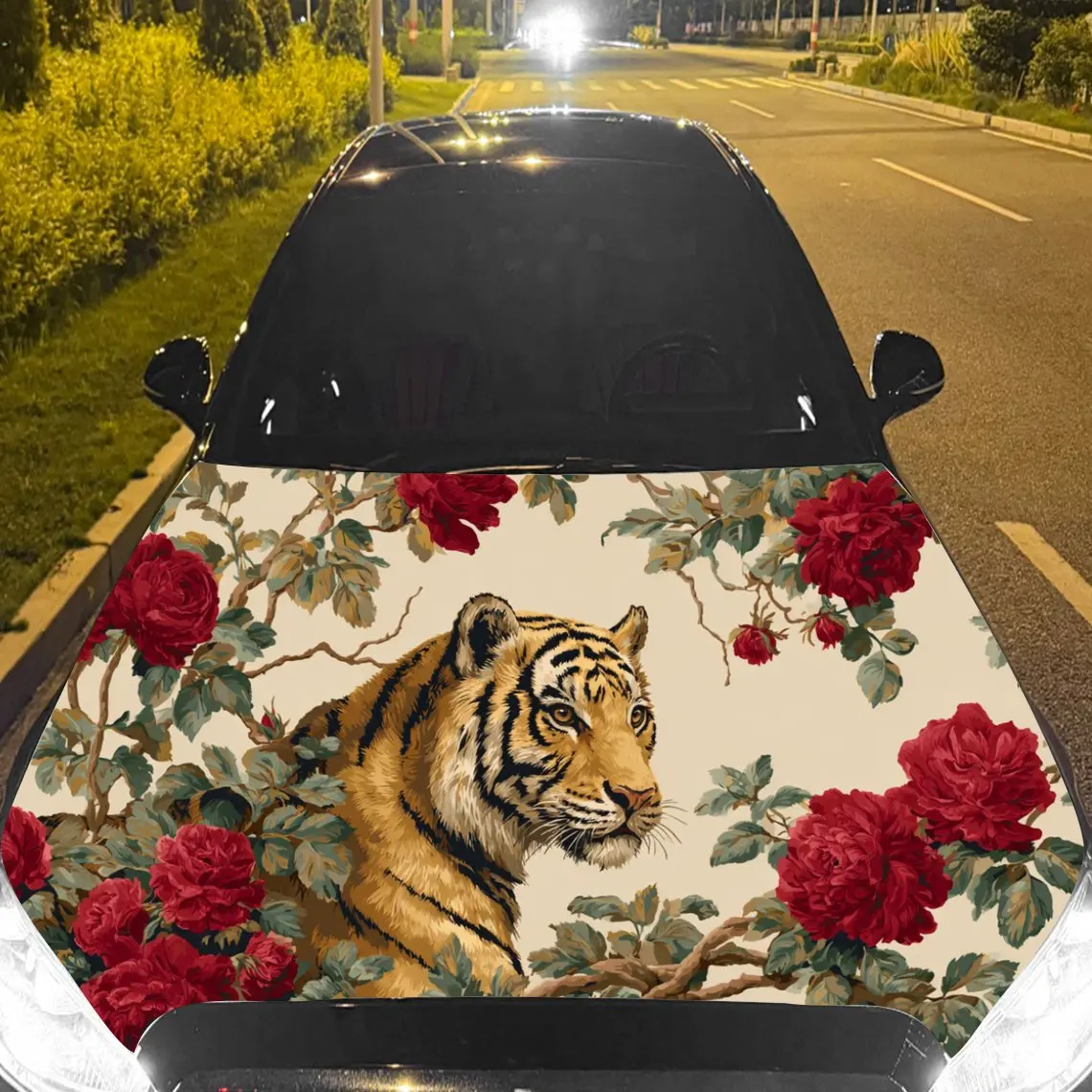 

Car Decal Tiger Amid Red Rose Background & Artistic, Bold-Regal Visual Details Car Hood Sticker, Waterproof Self - Adhesive Viny
