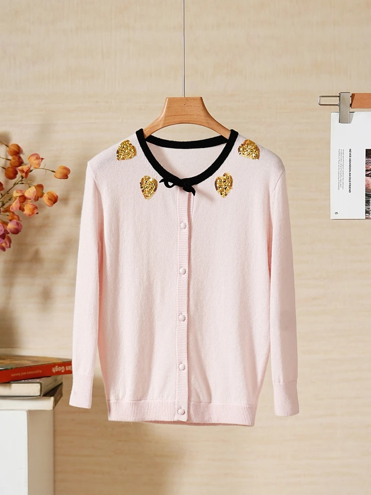 

YongLeap Knitted Long Sve round Ne Cardigan Women's Spring New Love Heart iny Sequin Knot Decorative Coat