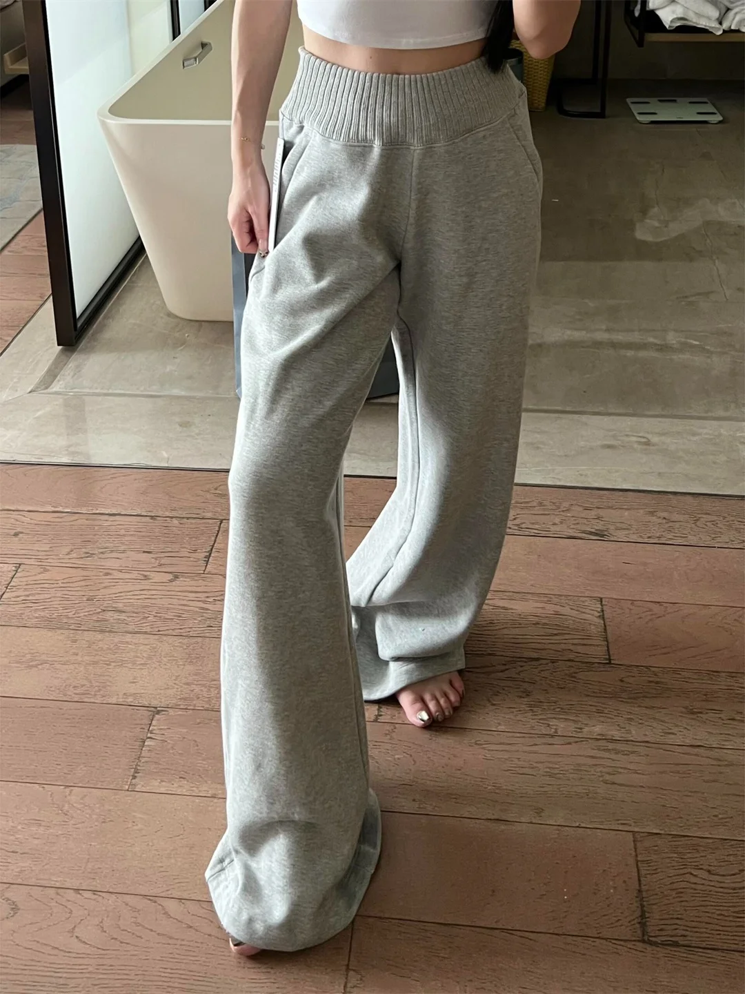 

Gray Knitted Fleece Lined Low Waist Wide Leg Pants for Shopping And Dates American Style High Waist Winter Pants for Ladies