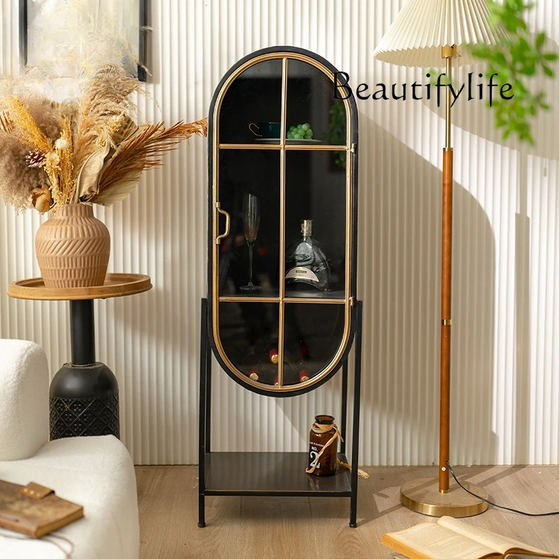 light luxury floor wrought iron wine cabinet, living room ultra-thin decorative cabinet, household dust locker with door