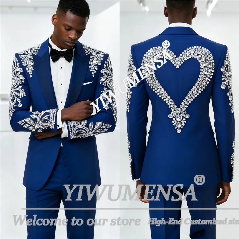 

Мужские костюмы с блестящими бусинами и камнями на свадьбу, уникальный дизайн, однобортный пиджак, брюки, комплект из 2 предметов, пиджаки для жениха, наряды по индивидуальному заказу