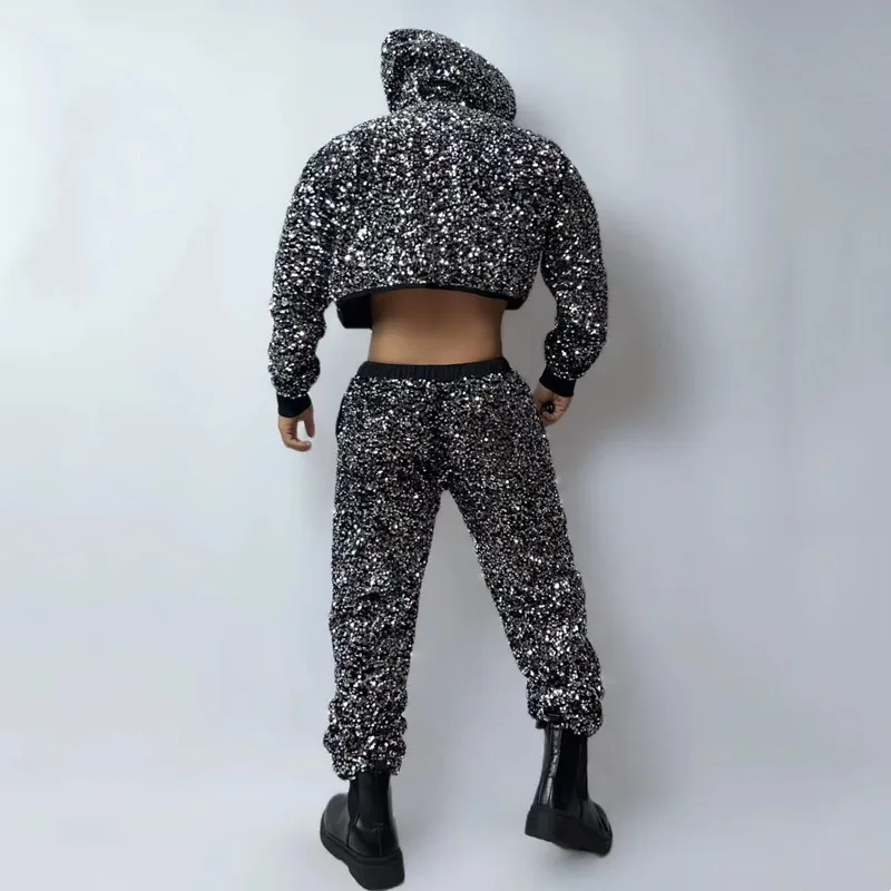 Nightclub Bar Male Women Gogo Singer Dancer Stage Performance Clothes Sequins Hooded Jacket Pants 2 Piece Hip Hop Dance Costume