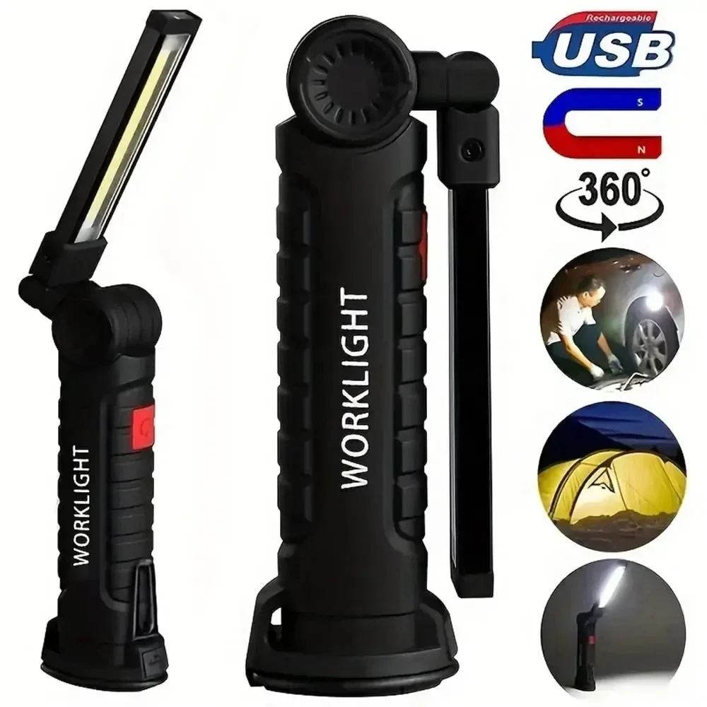 USB Rechargeable Portable COB LED Flashlight Work Light Magnetic Lanterna Hanging Lamp with Built-in Battery Camping Torch