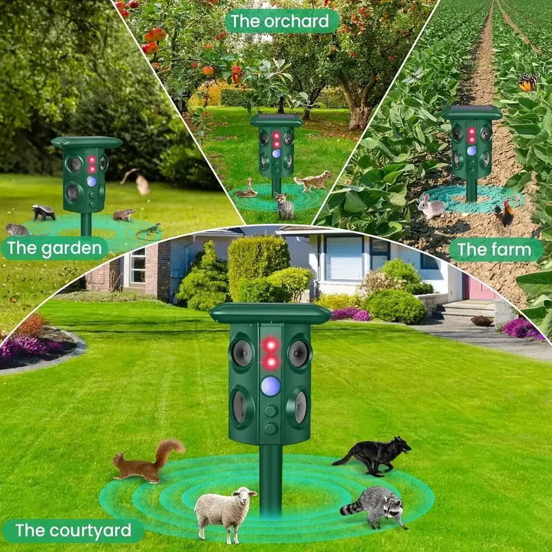 Solar animal repeller, frequency conversion ultrasonic LED flash buzzer drive infrared sensing multi-level adjustment