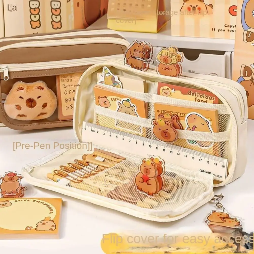 Capybara Transparent Pencil Case Large Capacity with Front Pocket Transparent Pen Bag Zipper Multifunctional Stationery Box