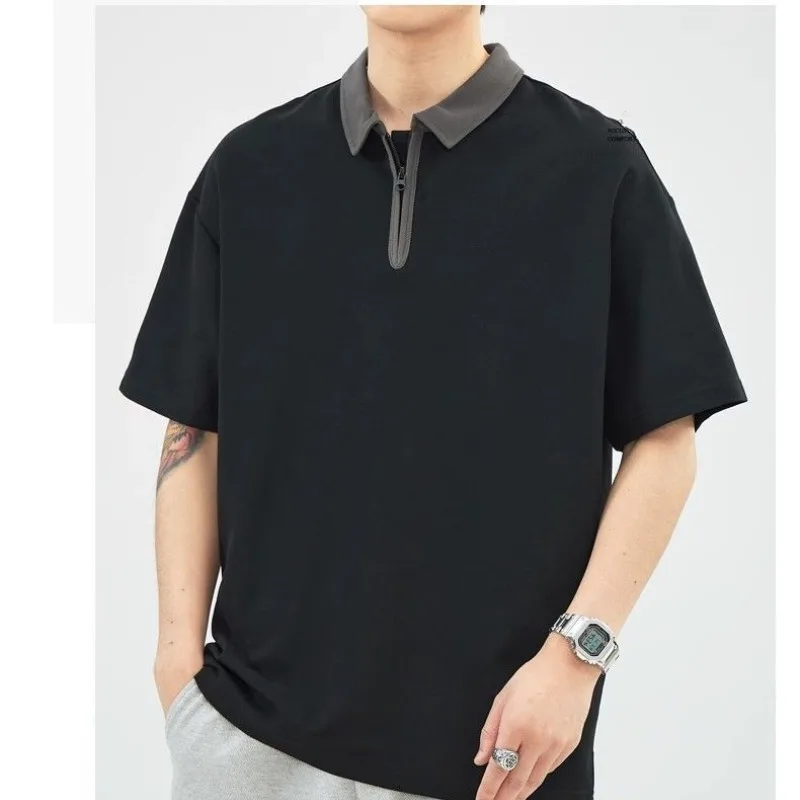 Minimalist Fashion Brand Versatile Summer Polo Shirts Men Lapel Half Zipper Breathable Smart Casual Loose Short Sleeve Tops