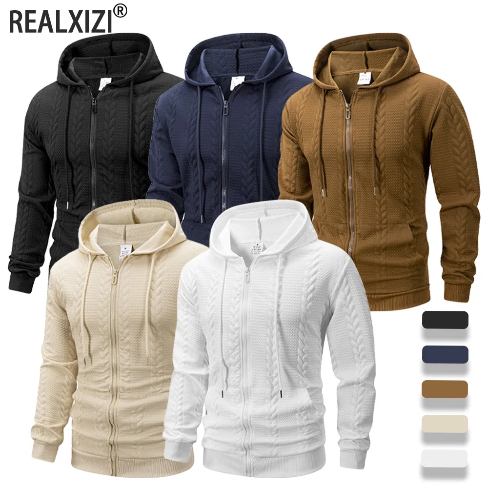 

Осеннее вязаное жаккардовое пальто с капюшоном, мужская однотонная повседневная куртка с длинными рукавами, мужской кардиган, толстовка, свободная спортивная одежда
