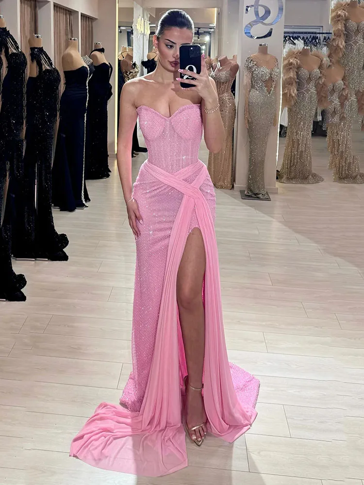 LAYXHS Glitter สีชมพูชุดราตรีอย่างเป็นทางการ Sweetheart Mermaid Side Slit ชุดราตรีที่กําหนดเอง robes de soirée
