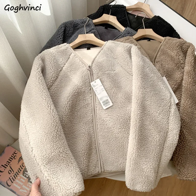 Lambswool Crop Jackets Women Warm V-neck Solid Korean Style Outwear Autumn Zipper Mujer New Arrivals Fashion Leisure Baggy Ins