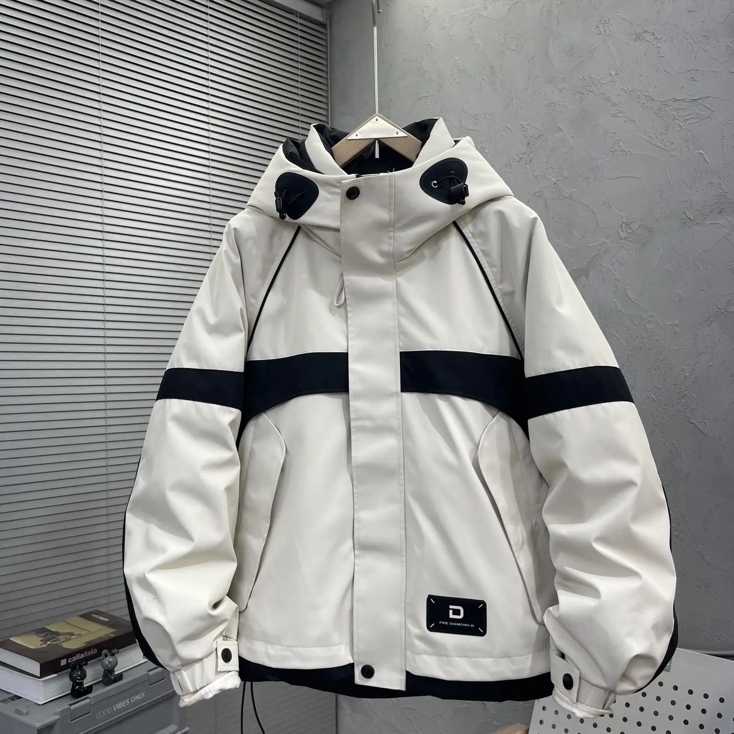 Men's Fall Winter Waterproof Jacket Trendy Color Block Hooded Windbreaker Casual Loose Warm Outdoor Coat Outerwear