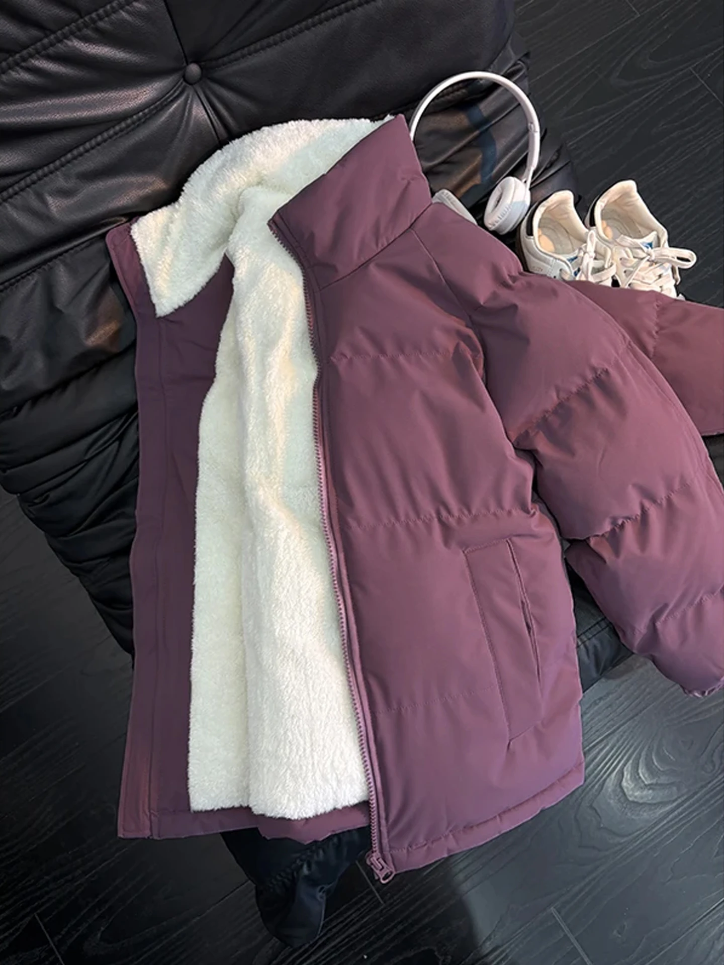 

Thiened Lamb Velvet Jaet Purple Winter Coat for Men Casual Sle Stand Collar Bread Sle Cotton Clothes Warmth Youth Fas...