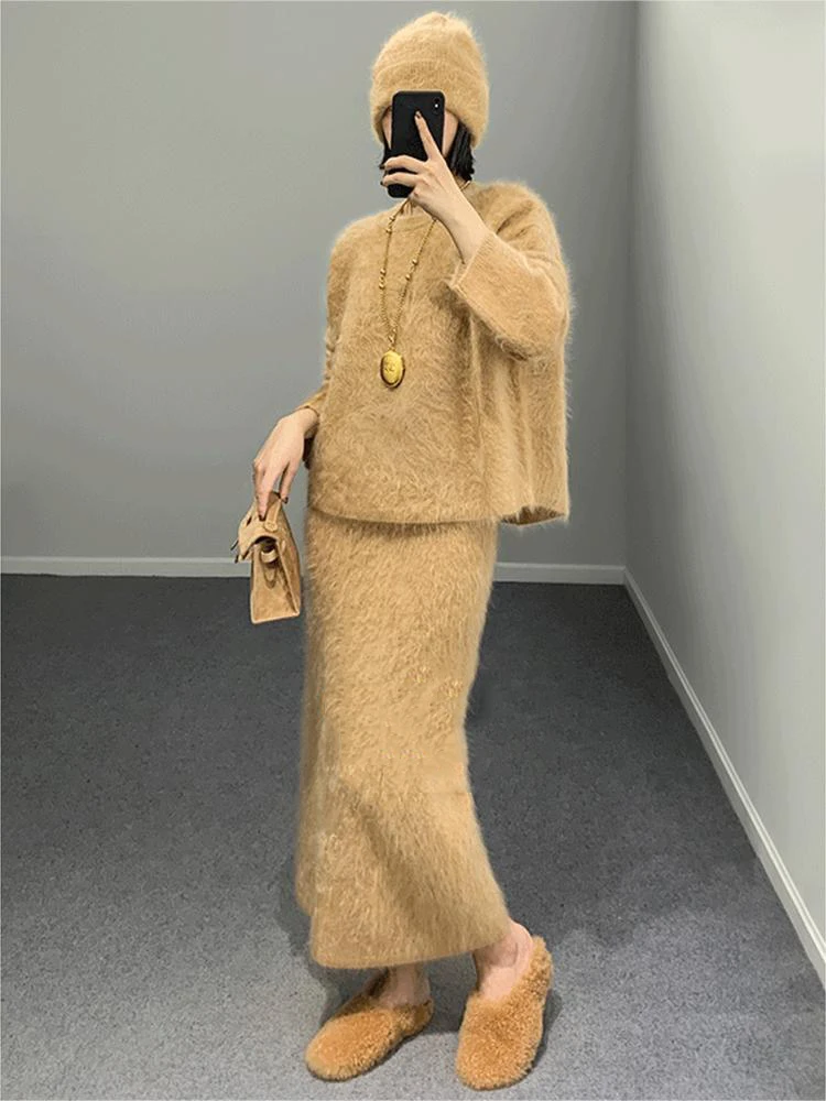 2024 Elegant 2 Piece Skirt Set Women 2023 Autumn/Winter Solid O-neck Long-sleeved Sweater Long Skirt Sets New Knit Pullover Top