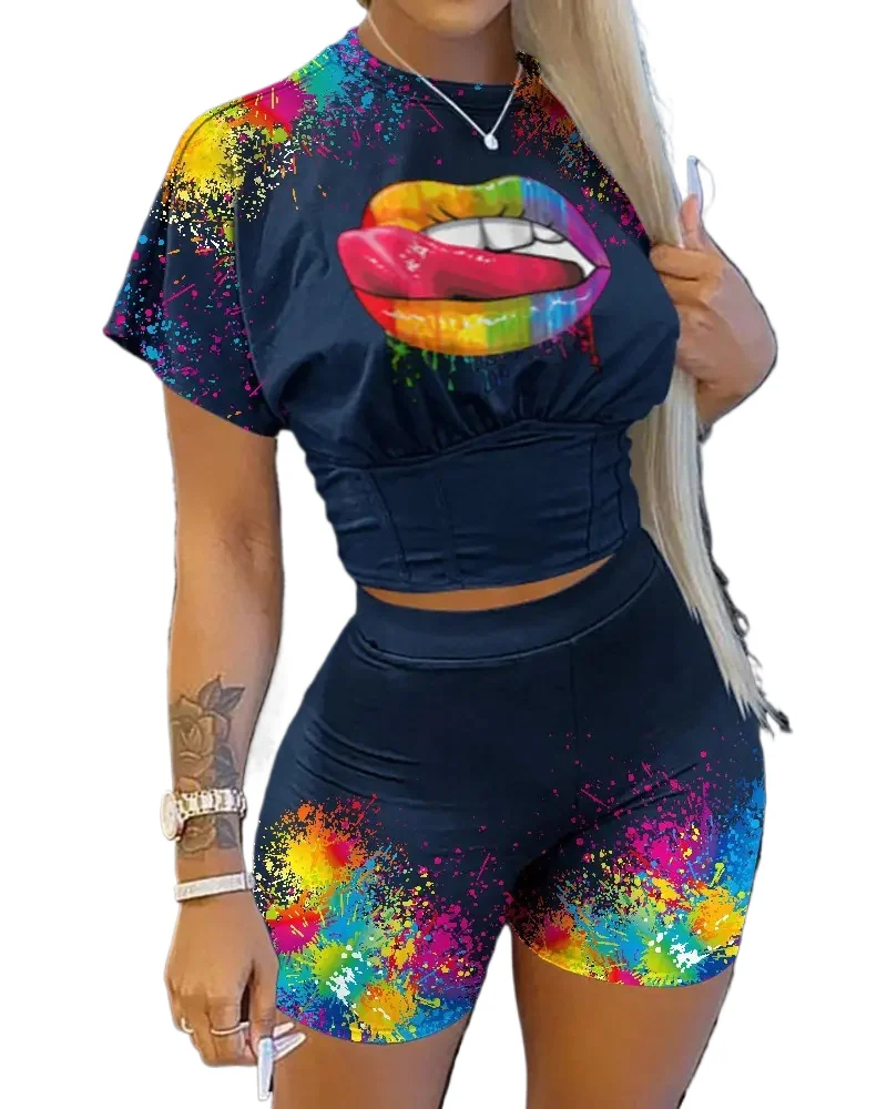 

Casual O-neck Short Sleeve T-shirt Shorts Set Office Lady Summer Letter Print Tops Solid Shorts Two Piece Set Women Outfit 2024