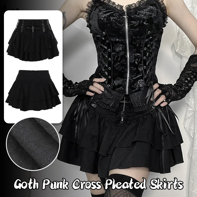 

S/M/L Gothic Punk Cross Patchwork Pleated Mini Skirt For Women Alt Mall Grunge Techwear Bottoms Dark Aesthetic Bandage Skirt