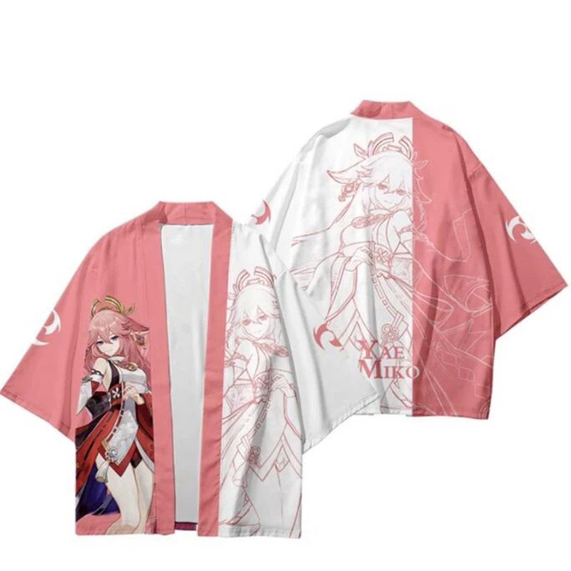 Kawaii Genshin Impact Yae Miko 3d Kimono เสื้อคอสเพลย์ญี่ปุ่นอะนิเมะเกมผู้ชายผู้หญิงเจ็ดจุดแขนเสื้อแบบสบายๆ Cool streetwear