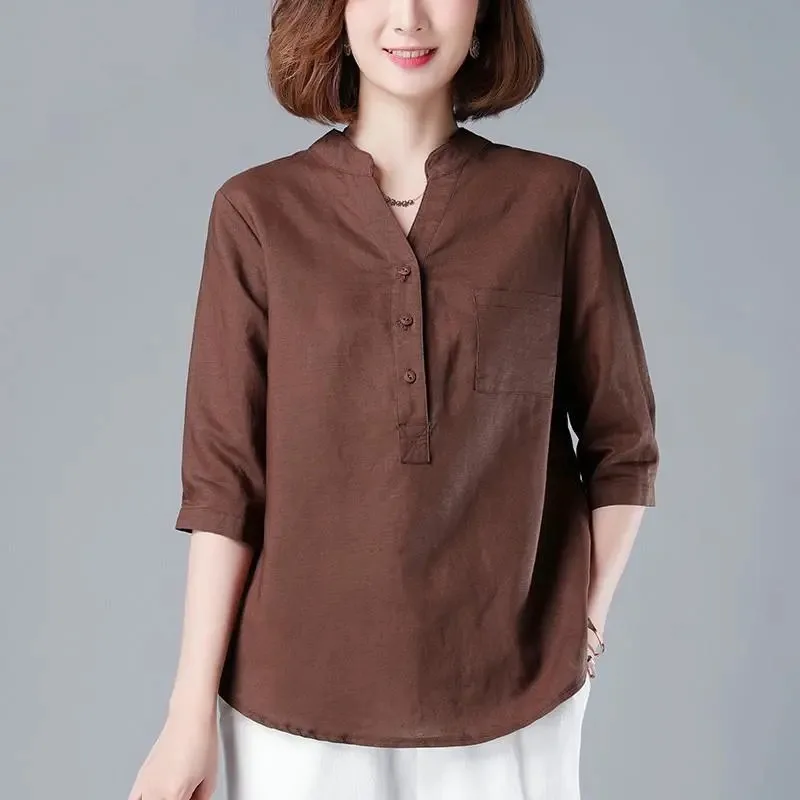 

Women's Linen Cotton Blend Blouse V Neck Three Quarter Sleeve Pocket Detail Casual Loose Fit Shirt For Ladies Summer