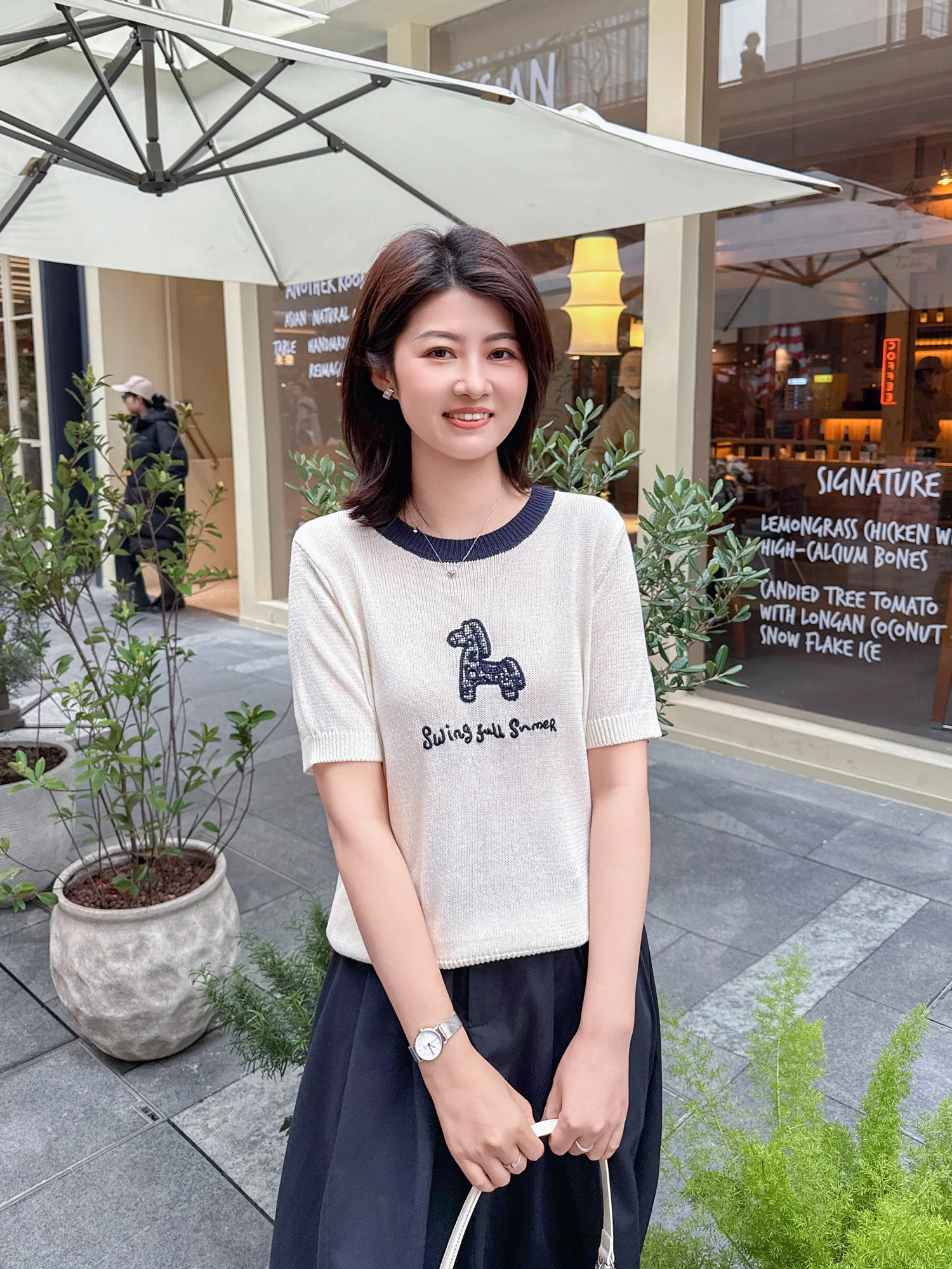 

Zhilucai Flower Gentle Atmosphere Rayon Linen Short Sleeve Knitted Top round Neck Cool Feeling Regular Length 89X