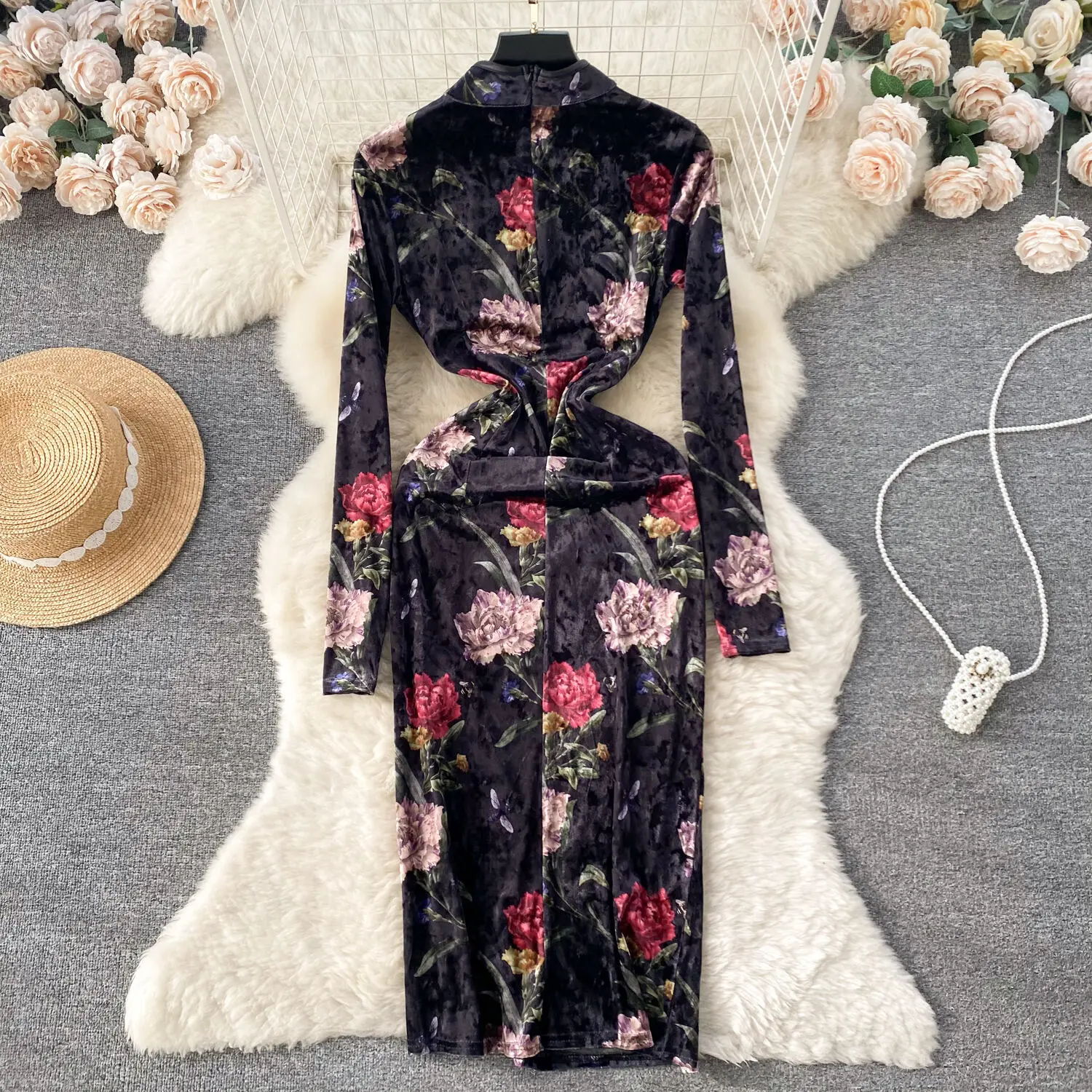 Foamlina nouveauté Robe en velours à fleurs coupe ajustée à manches longues haute fente Robe de soirée Style chinois découpe Robe Midi