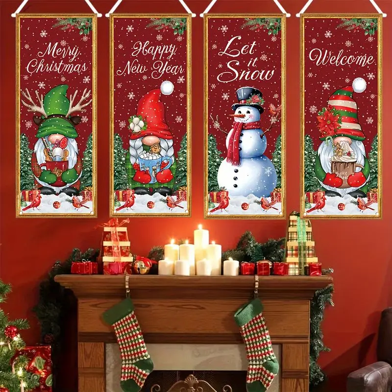 VIKAMA Vertical Wall Banner for Holiday Decor, 4 Pc Red Gold Frame Christmas Gnome Snowman Snowflake, Wall Art for Home