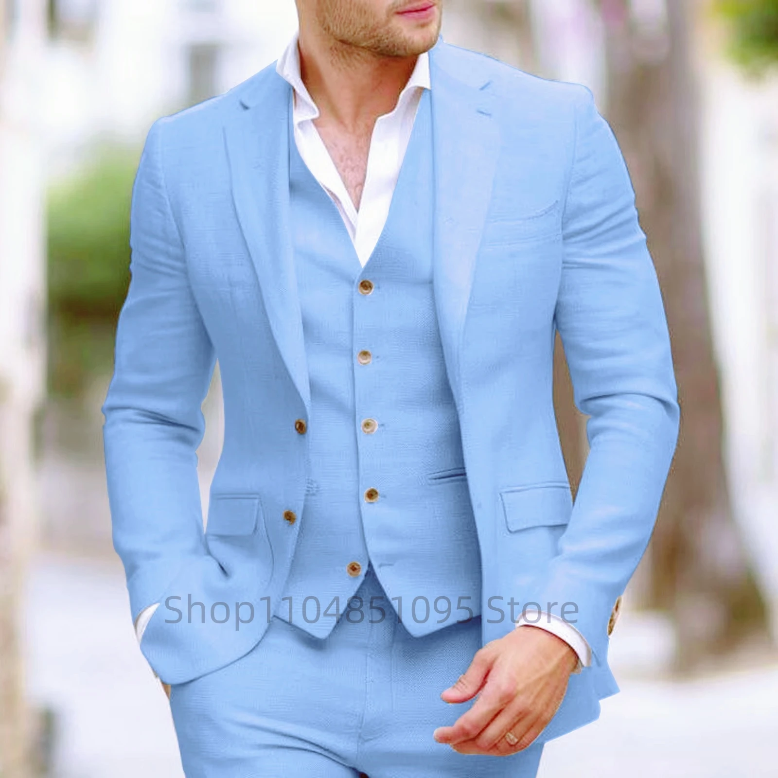 

High Quality 3 Pieces Beige/Blue Linen Men Suits Slim Fit Notch Lapel Blazer Vest Pants Elegant Summer Wedding Prom Party Suits