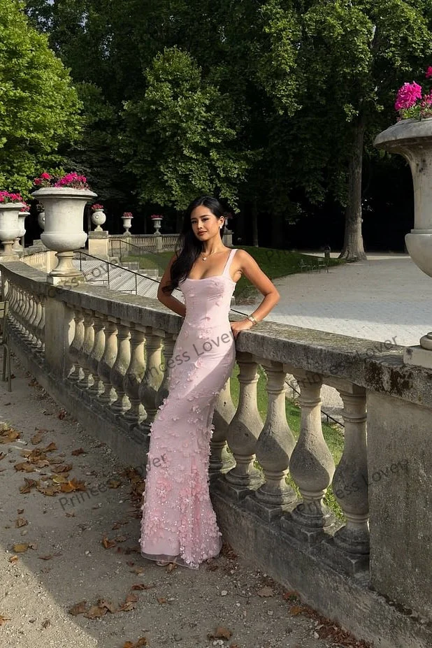 Vestidos de Noche de sirena rosa para mujer, apliques florales, vestido de fiesta de boda personalizado, cuello redondo, vestido de graduación, Vestidos formales