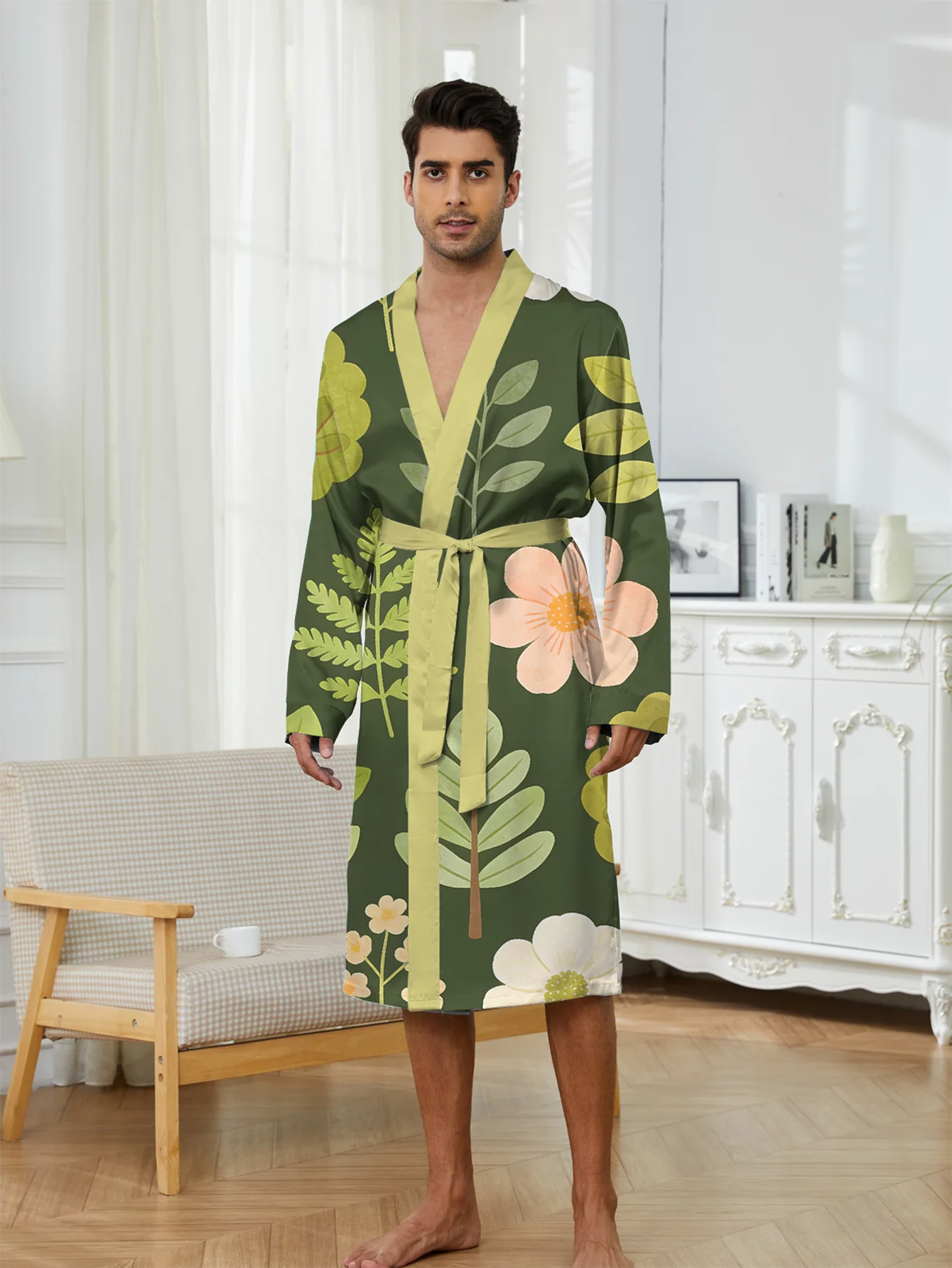 Men dressing gown 3Ddigital printed spring and autumn thin style quick drying long sleeved summer air-conditioned Funny pajamas