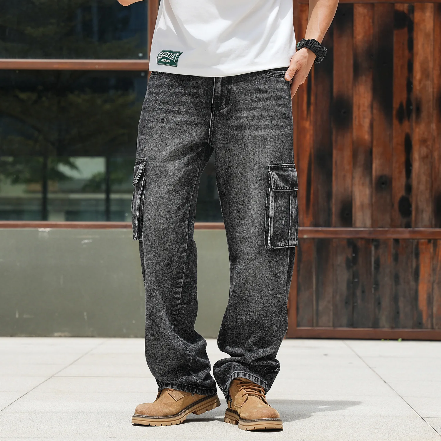 European American Fashion Men Plus Size Wide Leg Straight Multi Pockets Simple Basic Casual Trendy Cargo Jean Pants Male Clothes