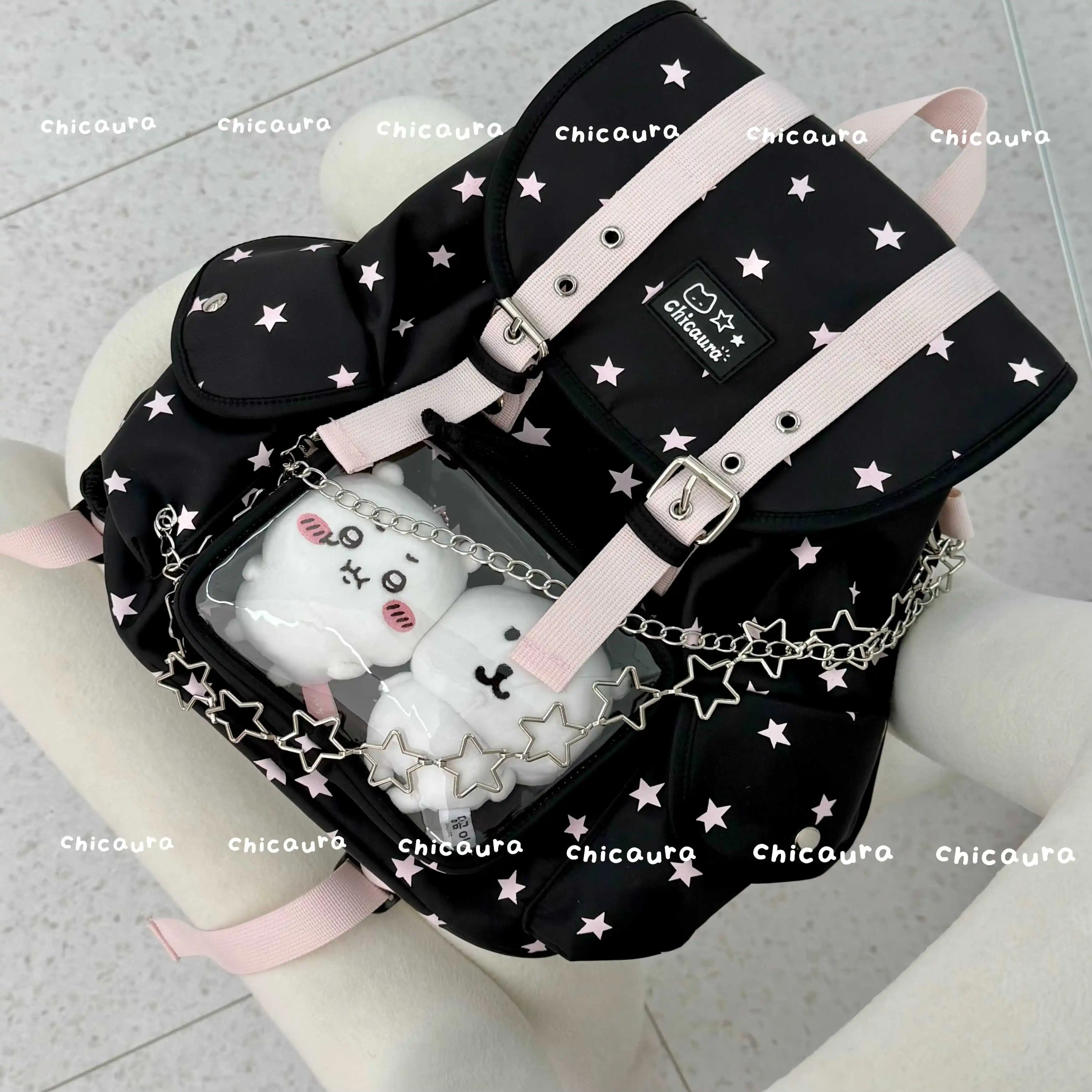 Japanese Original Ins Large-capacity Transparent Pain Bag Cute Girl Star Chain Drawstring Baby Bag Academy Style Backpack