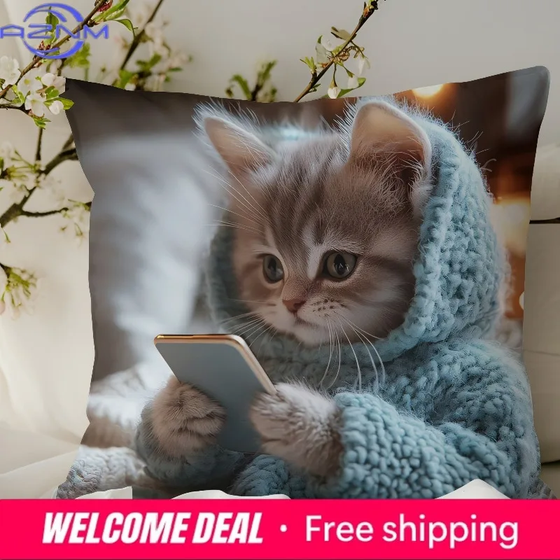 Cute Kitten in Hoodie Pillowcase: Cozy and Adorable for Your Home! Sofa cushion cover, home decoration, 2D printing