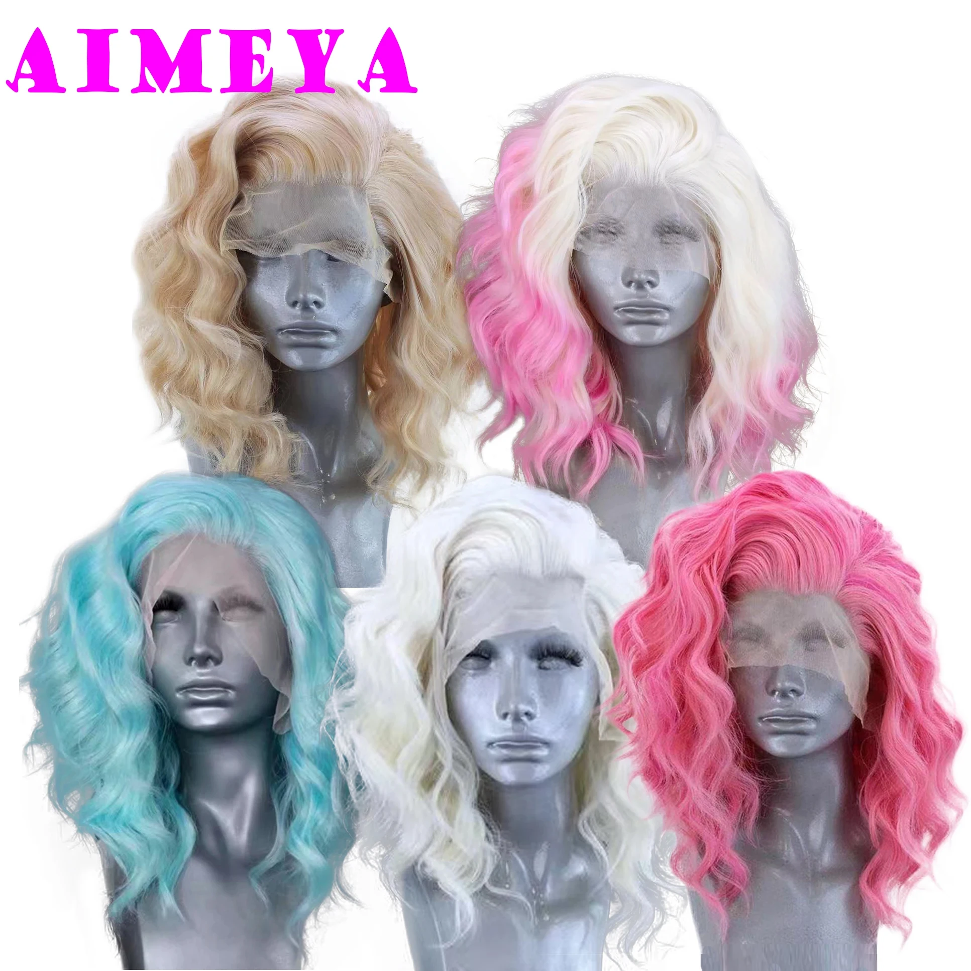Aimeya-女性用合成レースフロントウィッグ,短いボブウィッグ,プラチナブロンド,ブロンド,ブルー,オンブル,ピンク