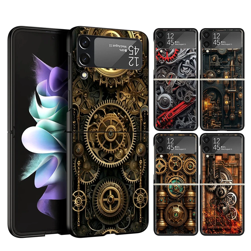 Steampunk Gear Mechanical Cover Phone Case For Samsung Galaxy Z Flip 6 5 4 3 5G Flip6 Flip5 Flip4 Flip3 Black Hard Fundas Shell