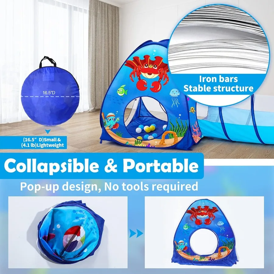 3-teiliges Kinderspielzelt: mit Baby-Bällebad und Krabbeltunnel – Pop-Up-Kletterspielzeug für Kleinkinder – Spielhaus (Bälle NICHT im Lieferumfang enthalten)